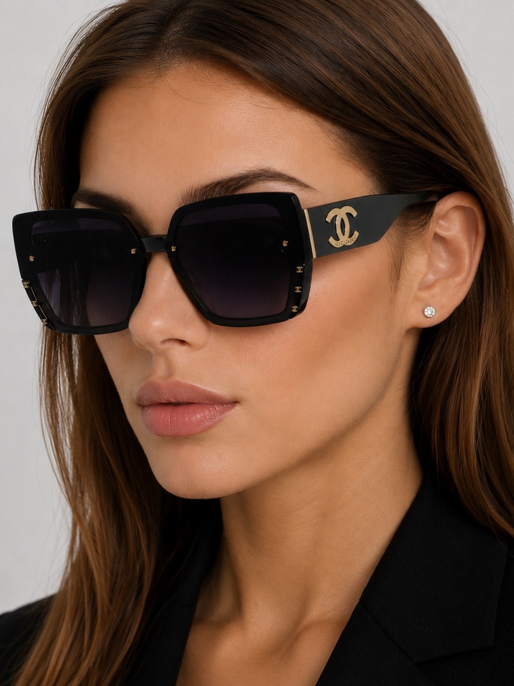 CHANEL Oversized Square Sunglasses Black Gold Italy 8309 58-18-140